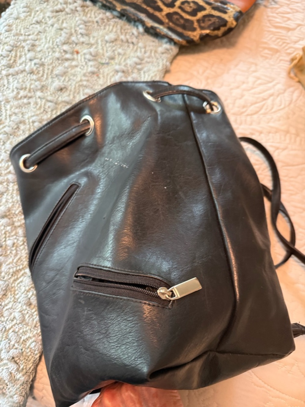 Vintage Excel Handbags Co Black Vegan Leather Drawstring Backpack OS